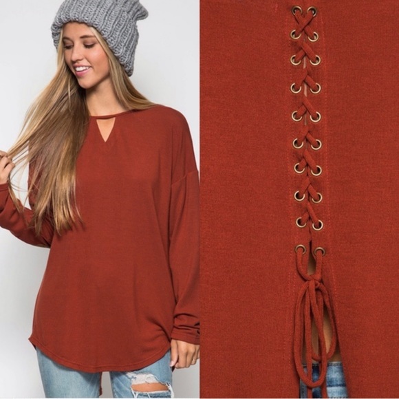 She & Sky lace up back burnt orange rust sweater with elbow patches size medium - Picture 2 of 8